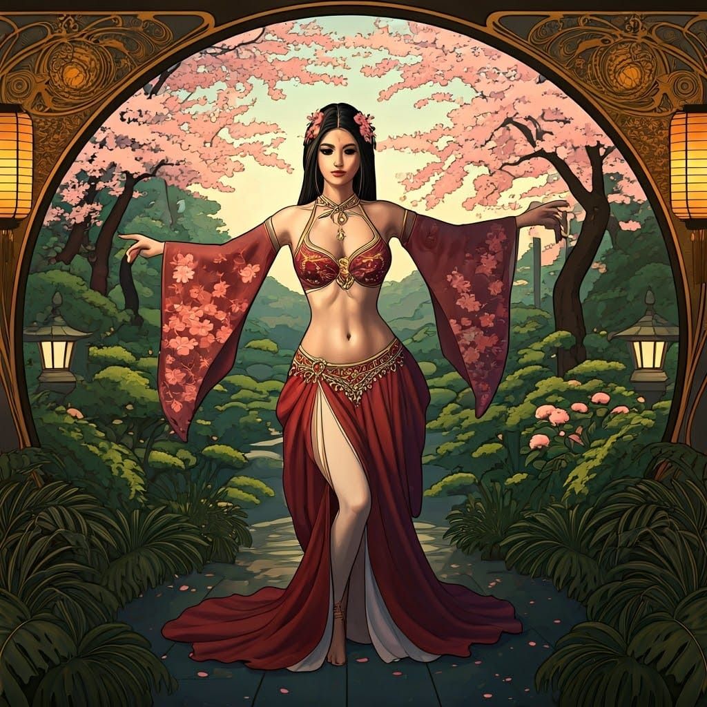 Belly Dancer in Japanese Garden, Art Nouveau Style