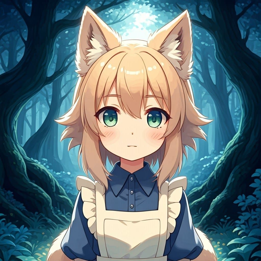 Anime Wolf Girl in Mystical Blue Forest
