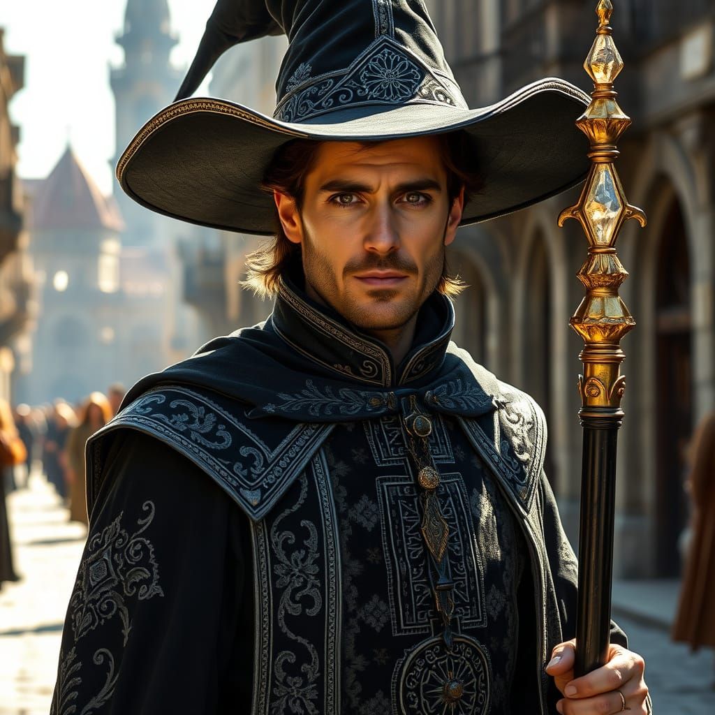 Arch-Mage Striding Through Medieval City in Dramatic Lightin...