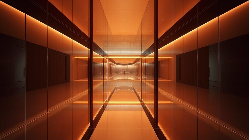 Symmetrical Mirrored Cube Hallway in Minimalist Architectura...