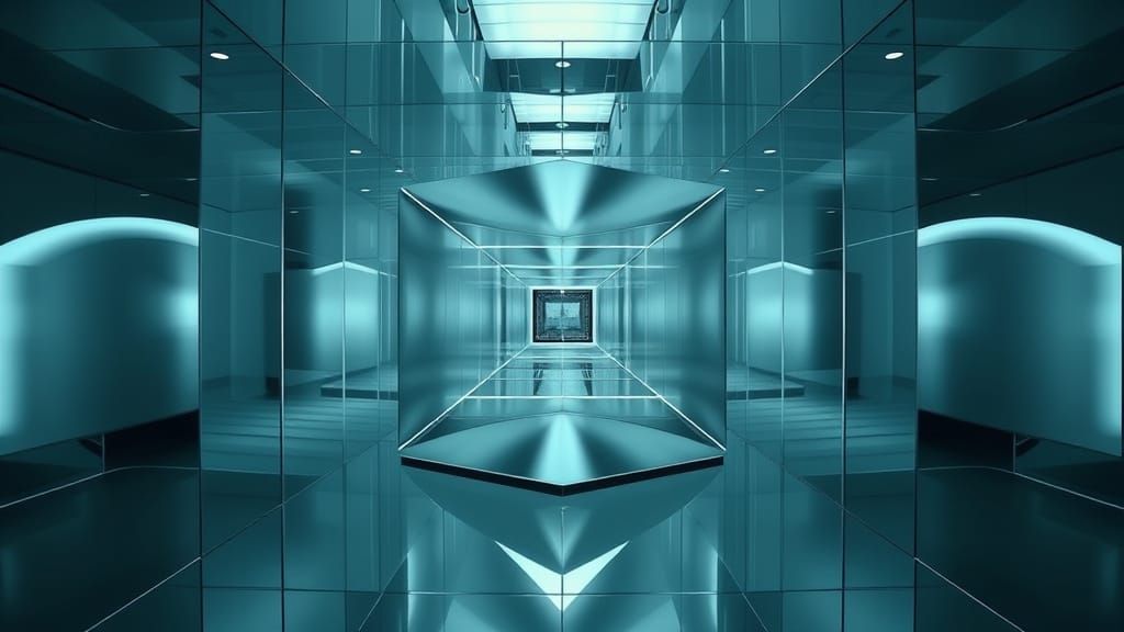 Symmetrical Chrome Cube Tunnel in Mirrored Minimalist Archit...