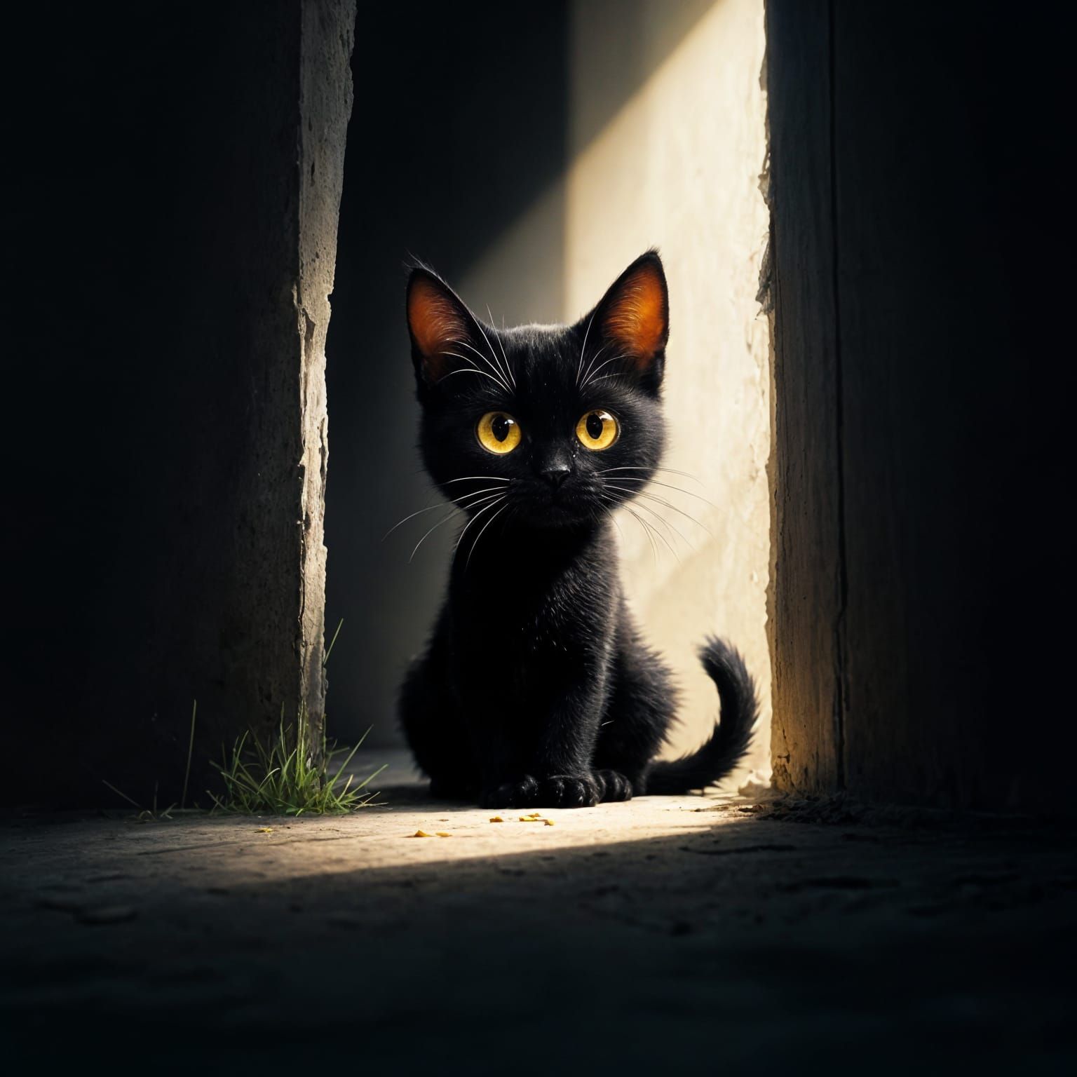 Cute Black Cat Hiding in Shadows with Light