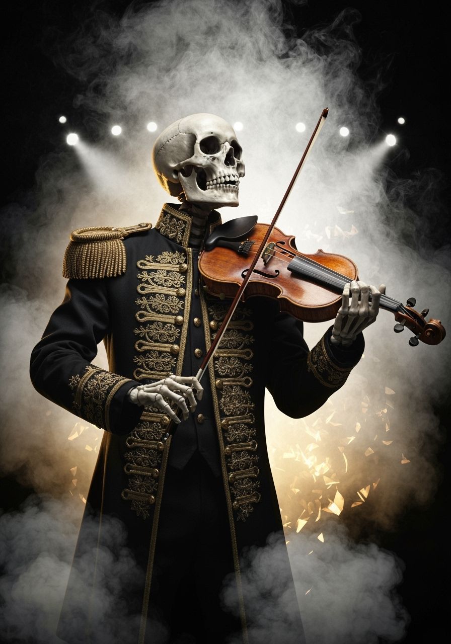 Skeletal Violinist in Opulent Military Coat