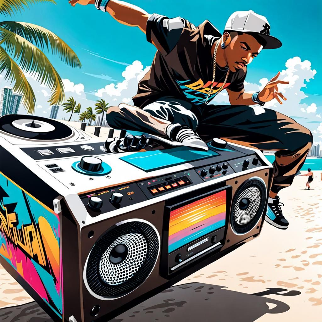 Breakdancer on Miami Beach: Cloudcore Graffiti Style