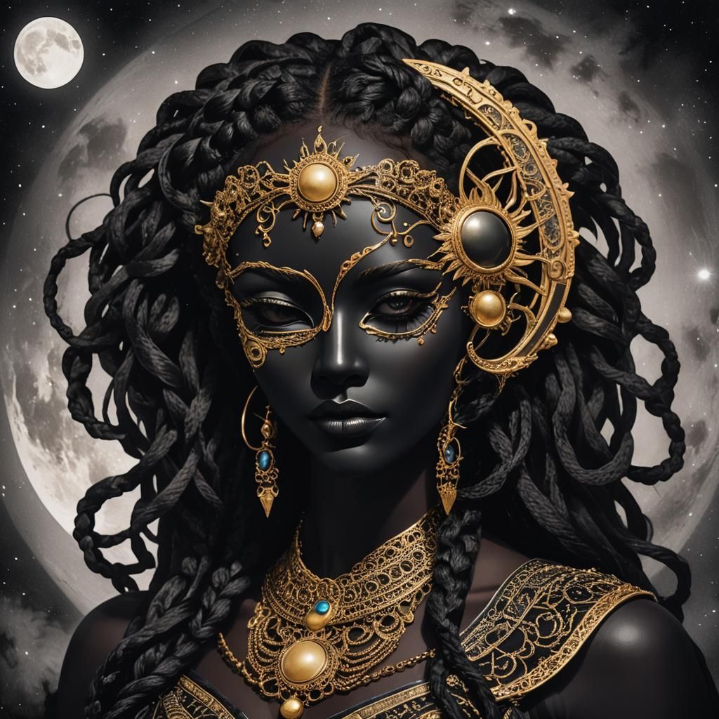 Black Goddess with Mask, Moon and Sun