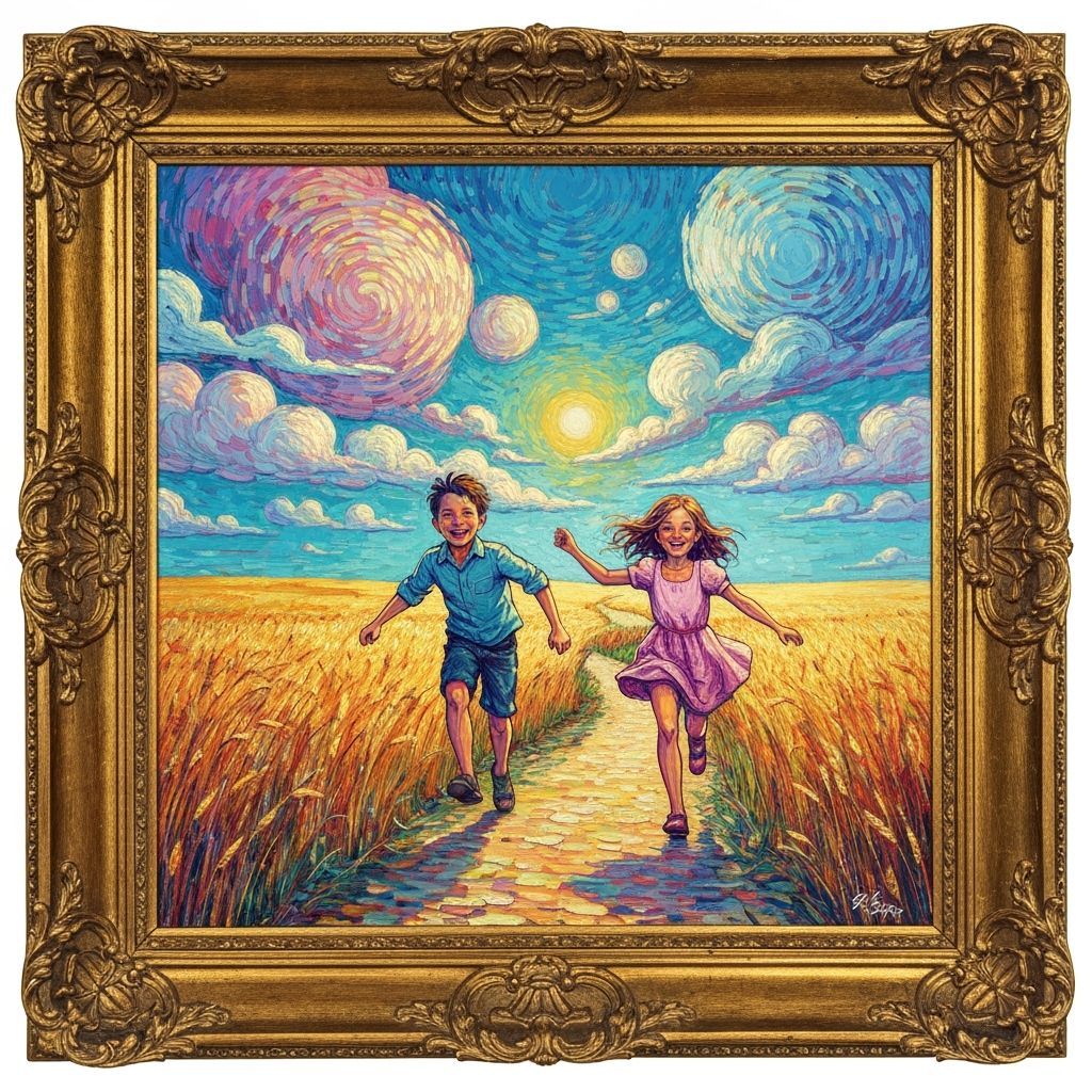 Children in Wheat Field in Impressionist Style