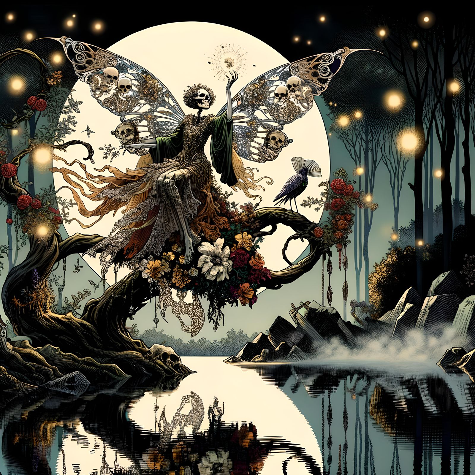 Gothic Skeletal Fairy with Floral Gown in Art Nouveau Style