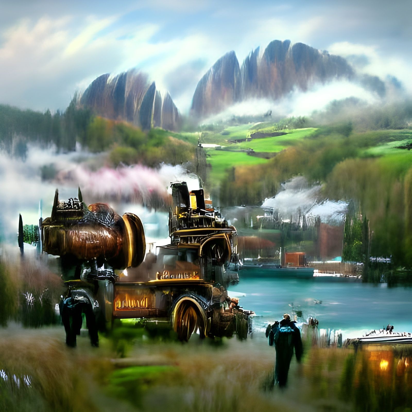 Steampunk Ironclad Arrival in Remote Village