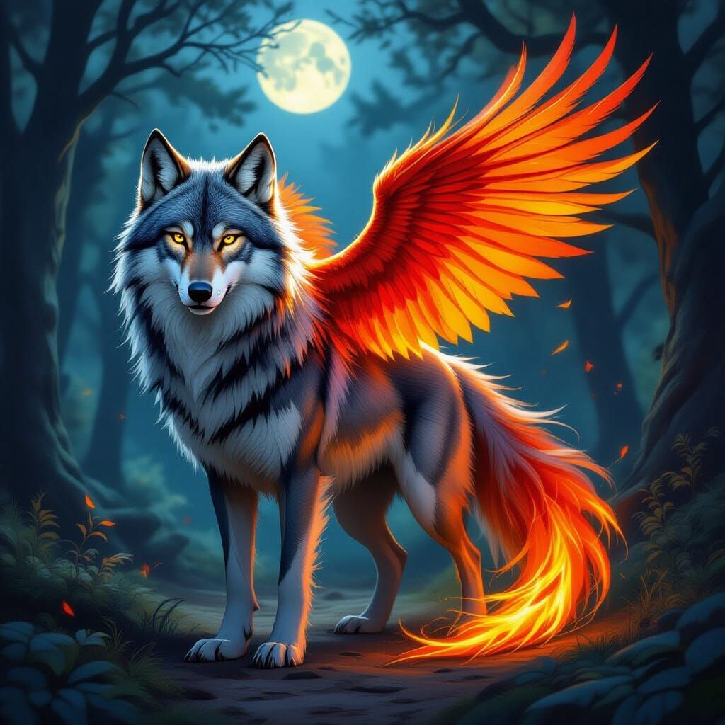 Phoenix Wolf Hybrid in Moonlit Forest