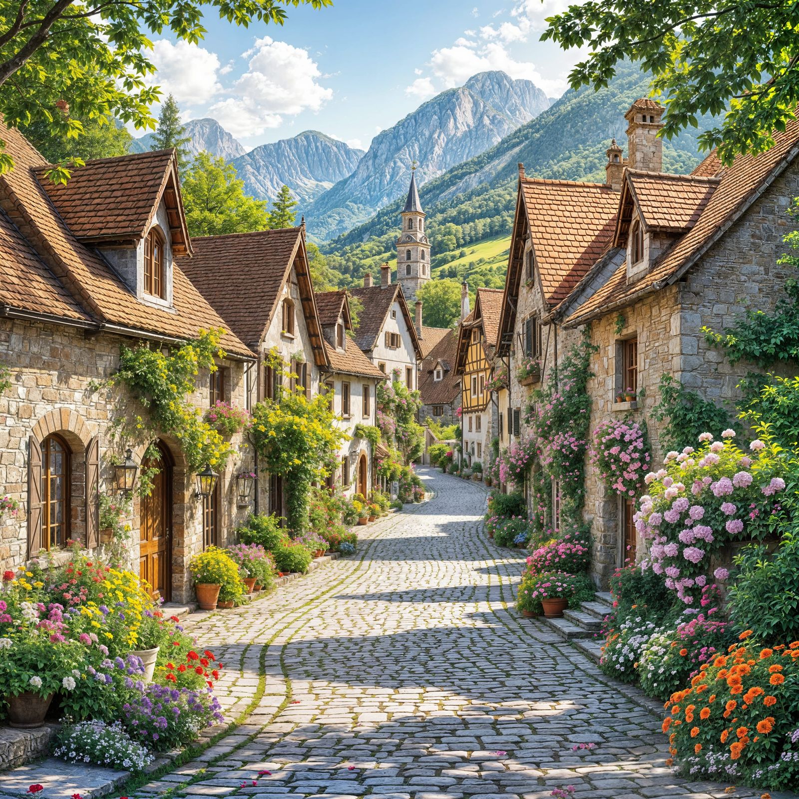 Charming European Village with Blooming Gardens