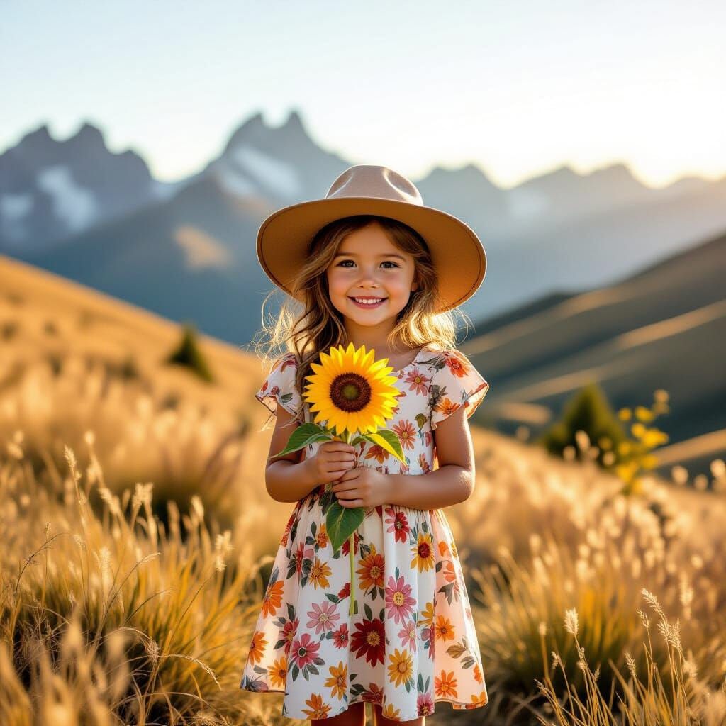 Girl with Sunflower in Andes, Hyperrealistic Film