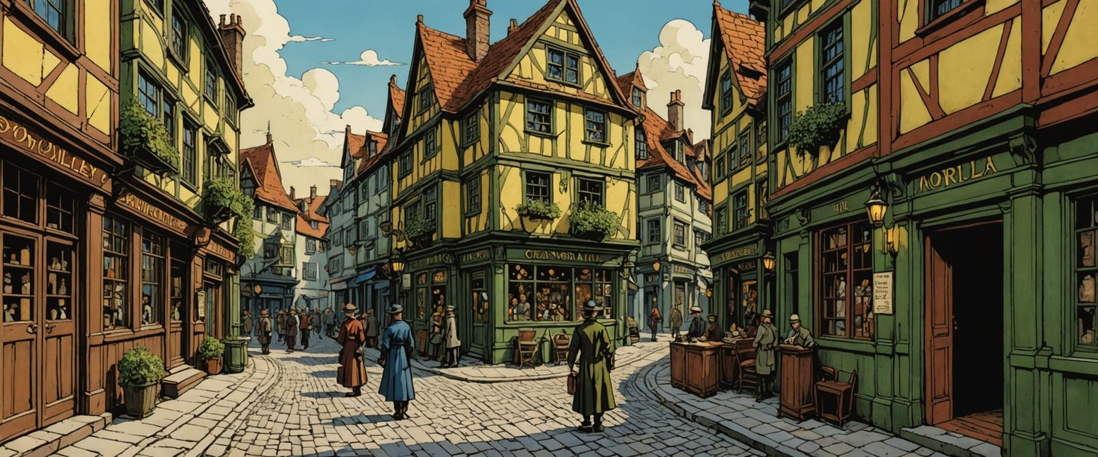 Diagon Alley in Art Nouveau Style with Vibrant Sunlight