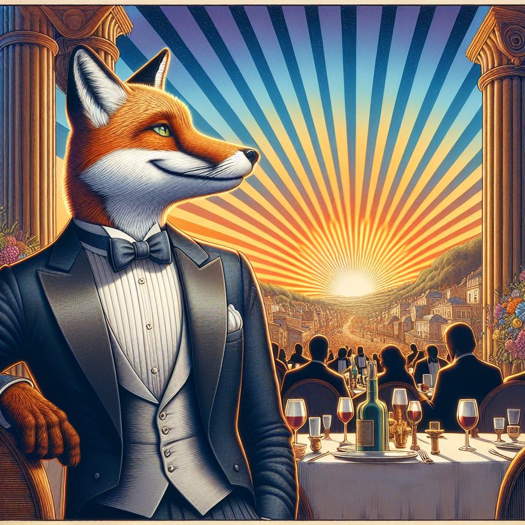 Fox in Tuxedo at Dinner Party: 3D Render