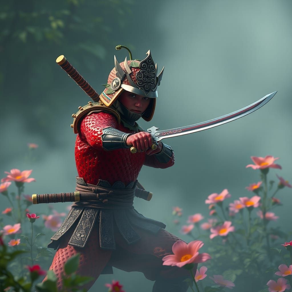Strawberry Samurai with Katana in Dreamlike Environment