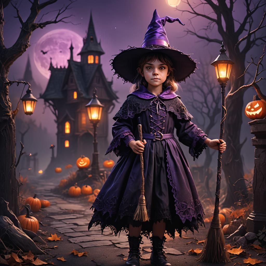 Kid Witch with Glowing Broom, Fantasy Art