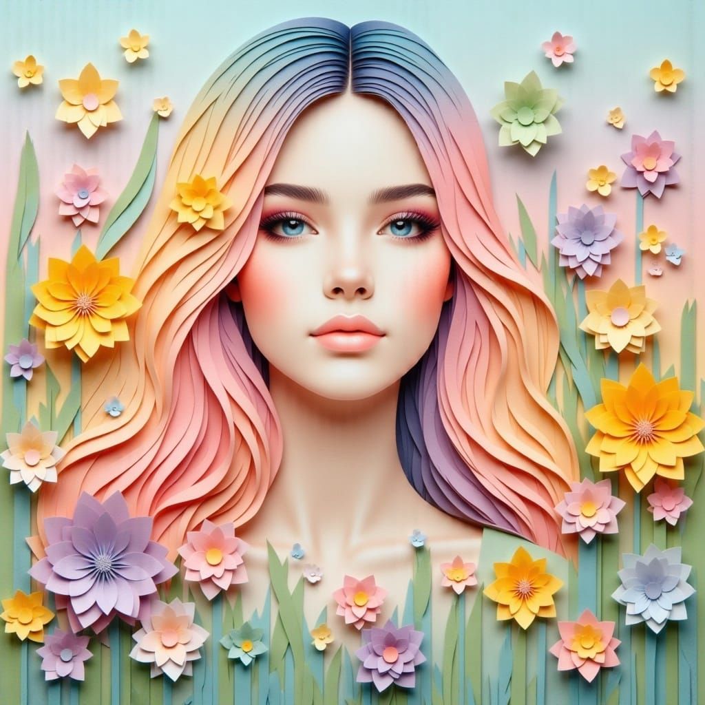 Girl in Flower Field as Paper Mosaic