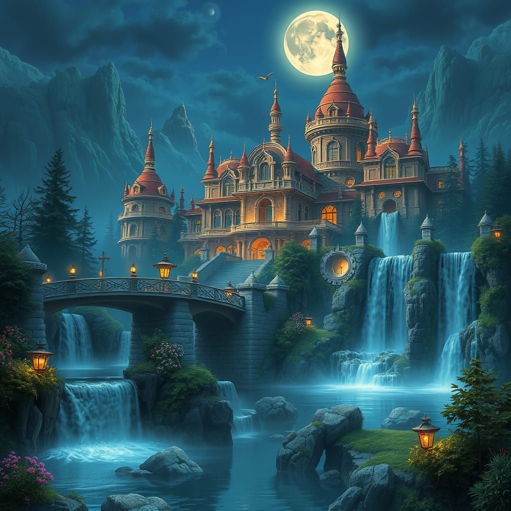 Dreamy Fantasy Palace Under Full Moon Night