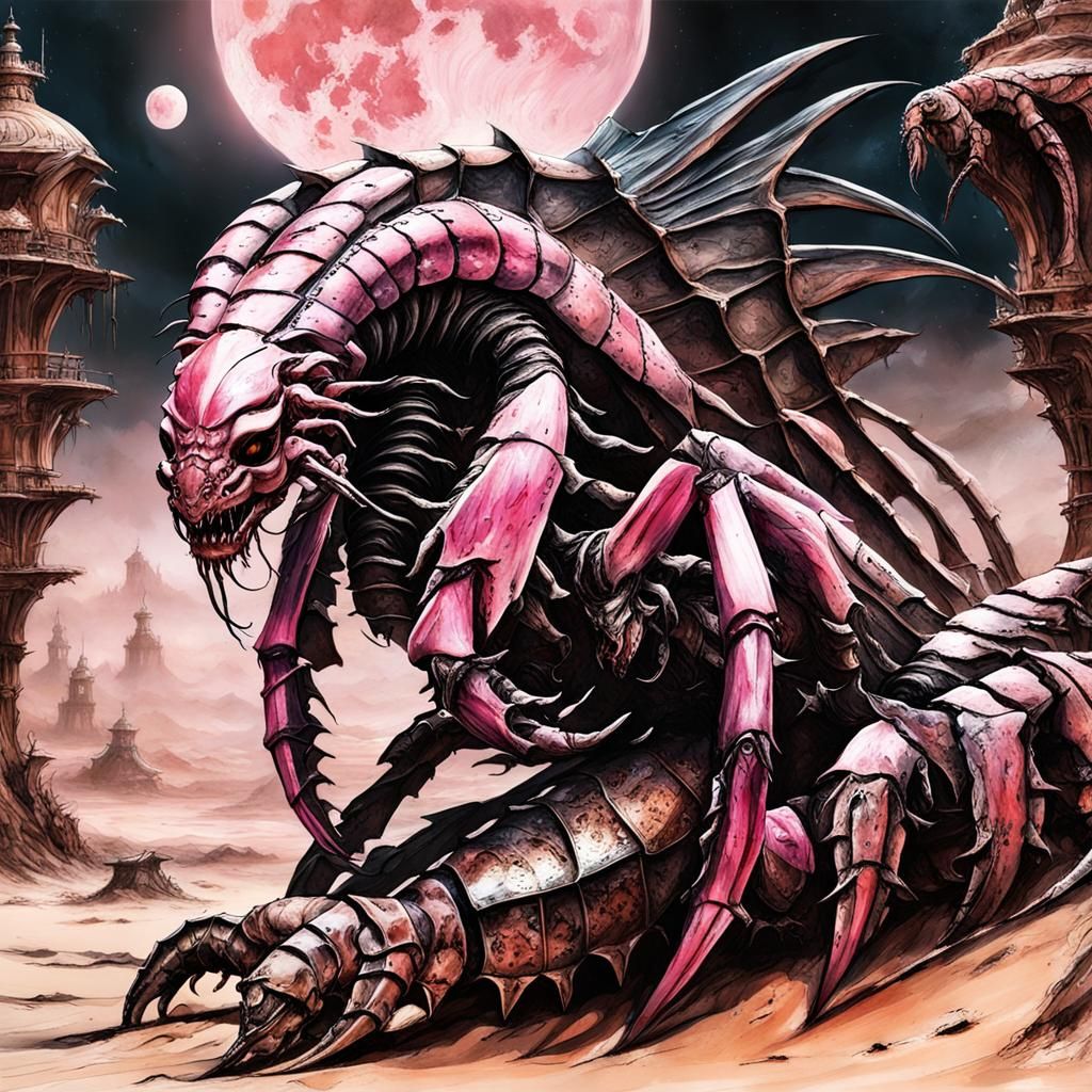 Hydrapunk Scorpions on Pink Sand: Luis Royo Style