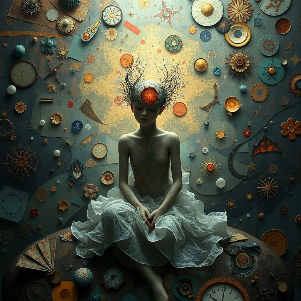 Surreal Figure in Dreamlike Aura Amidst Kaleidoscope of Text...