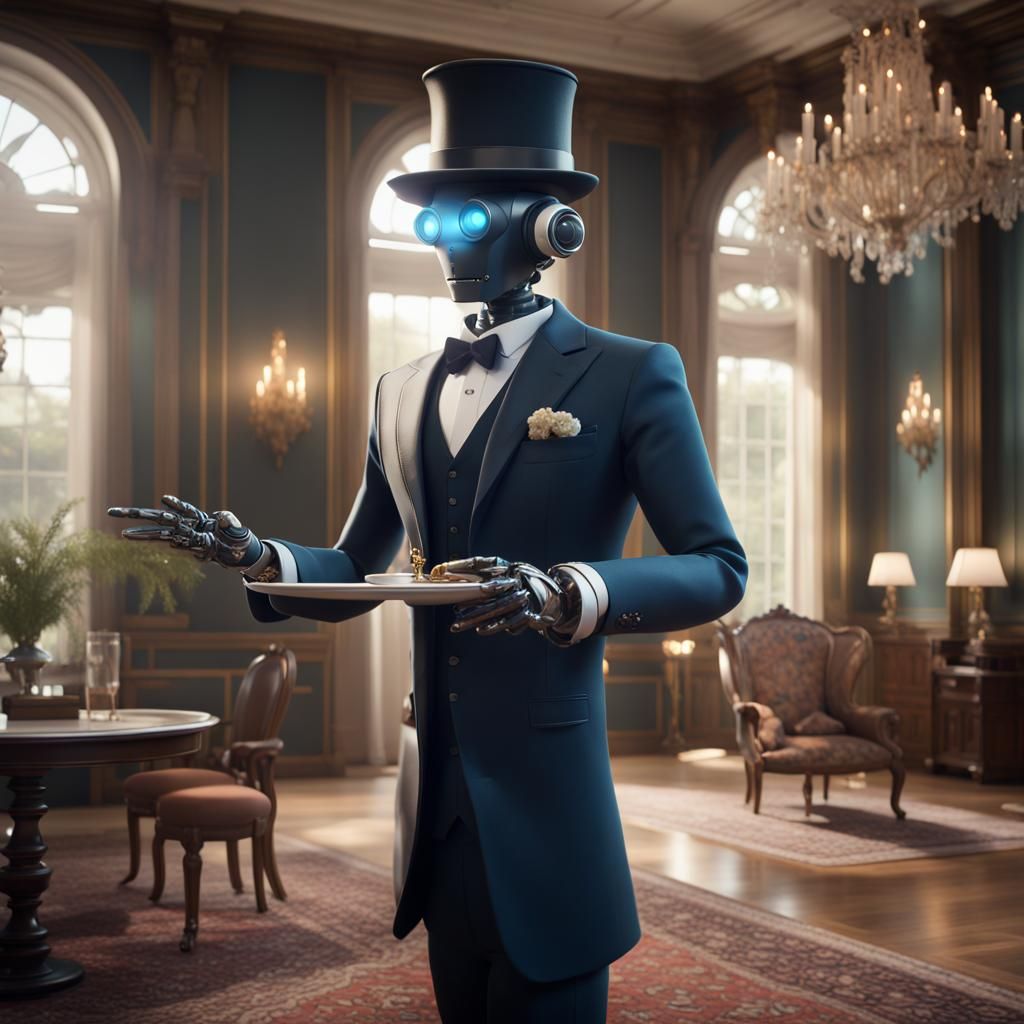 Robot Butler Serving Guests in a Mansion