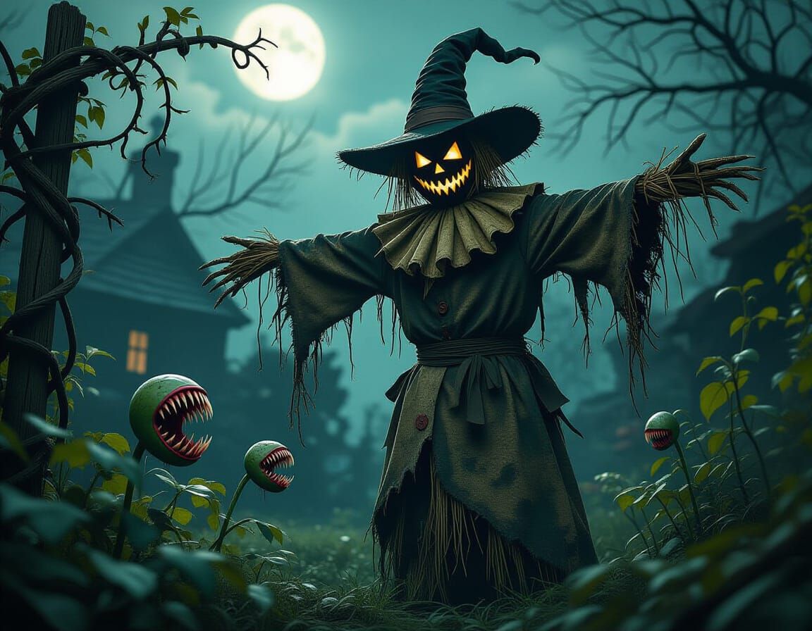 Creepy Scarecrow Guarding Carnivorous Garden: Dark Fantasy