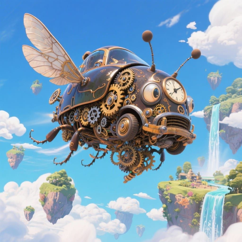 Whimsical Beetle Car Soars Through Floating Islands