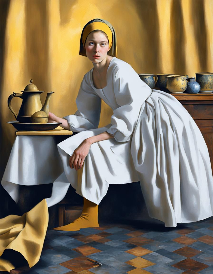 Maidservant Cleaning Window in Vermeer Style