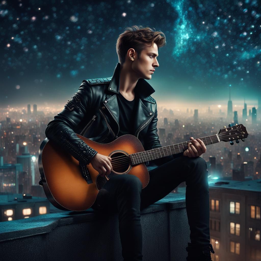 Man on Roof Gazing at Starry Night Sky