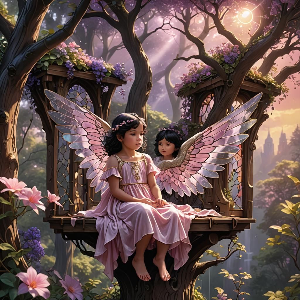Two young angels with black hair, lightpink dresses and stai...