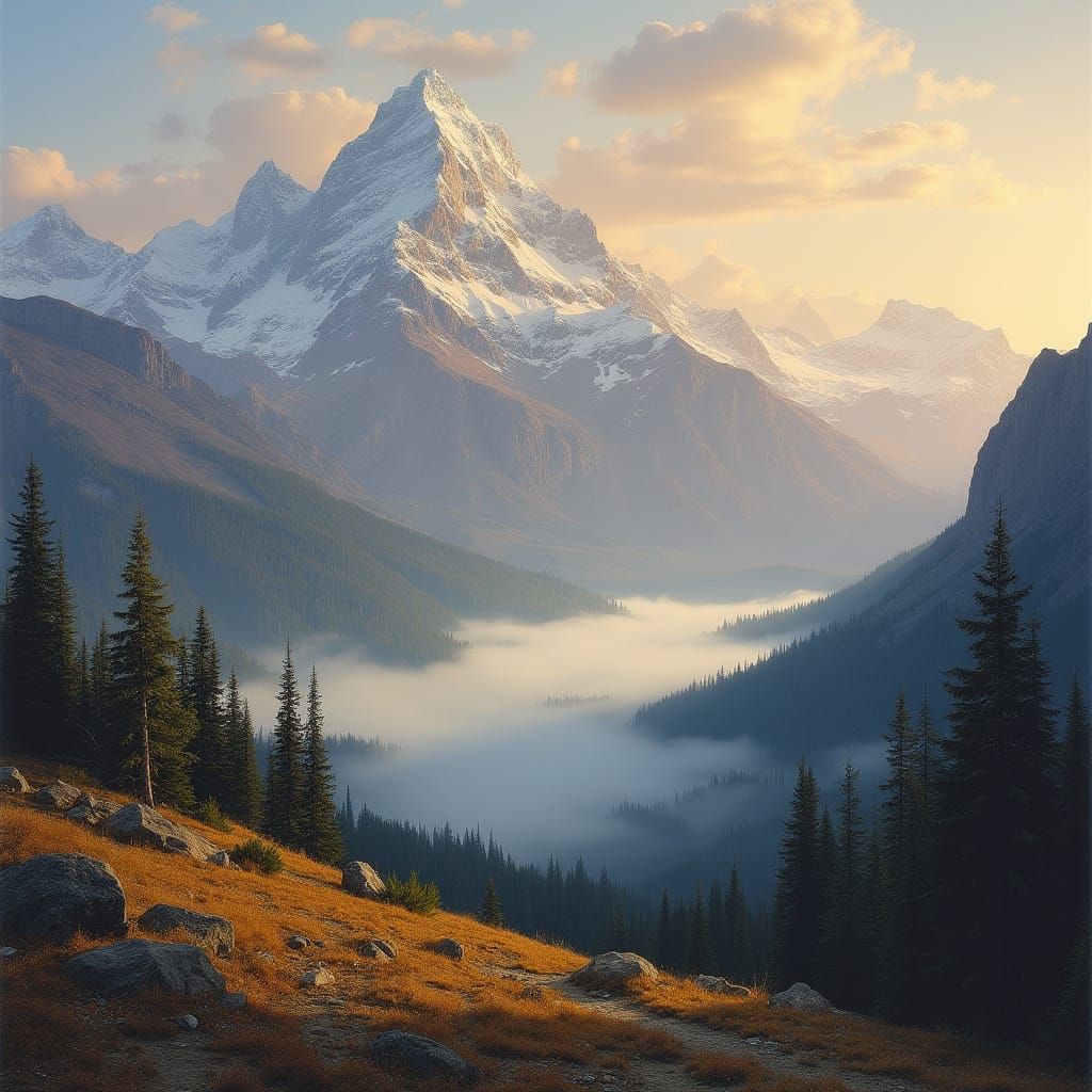 Romanticized Rocky Mountain Range at Sunrise in Impressionis...