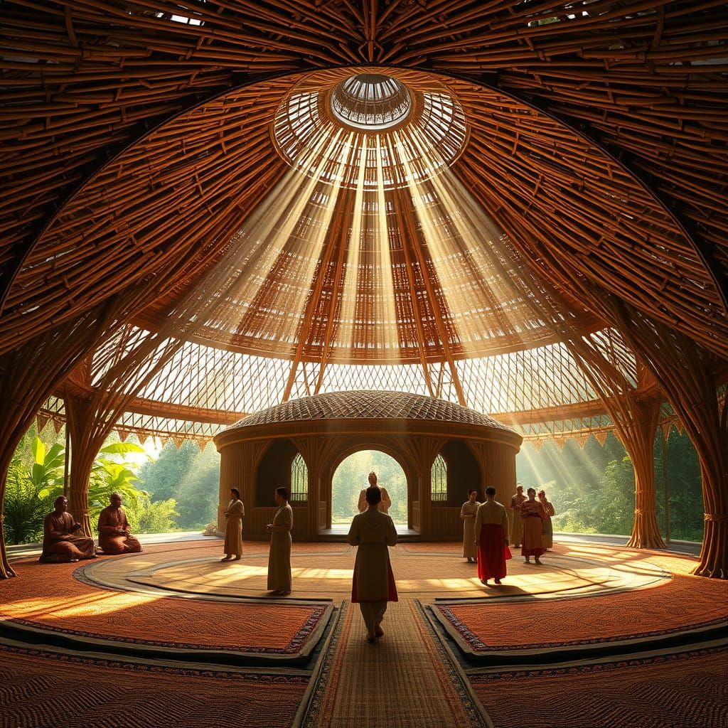 Wicker Temple with Worshippers, Hyper-Detailed Render