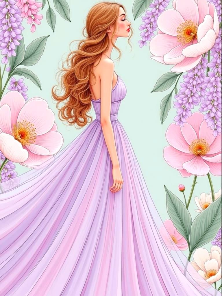 Elegant Woman in Floral Gown Surrounded by Oversized Flowers