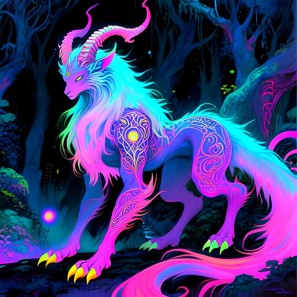 Celestial Cryptid in Enchanting Forest, Neon Ink Painting