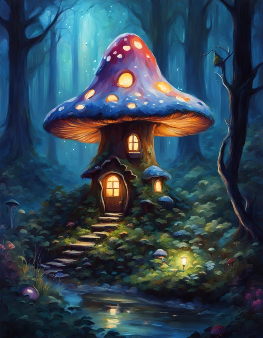 Mystical Mushroom Abode in Ethereal Bioluminescent Forest