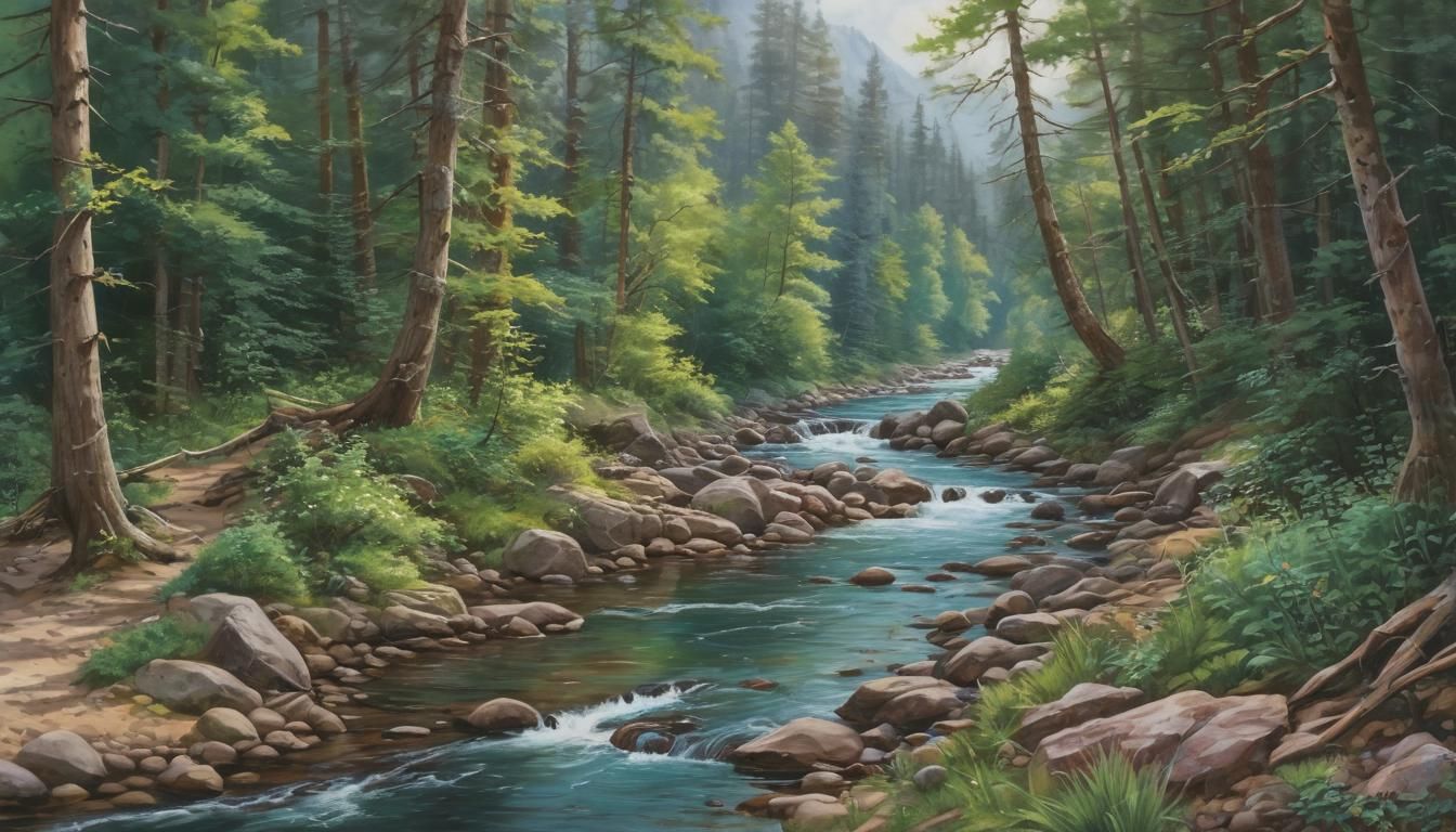 Clear Stream Running Alongside Trail in Impasto Style