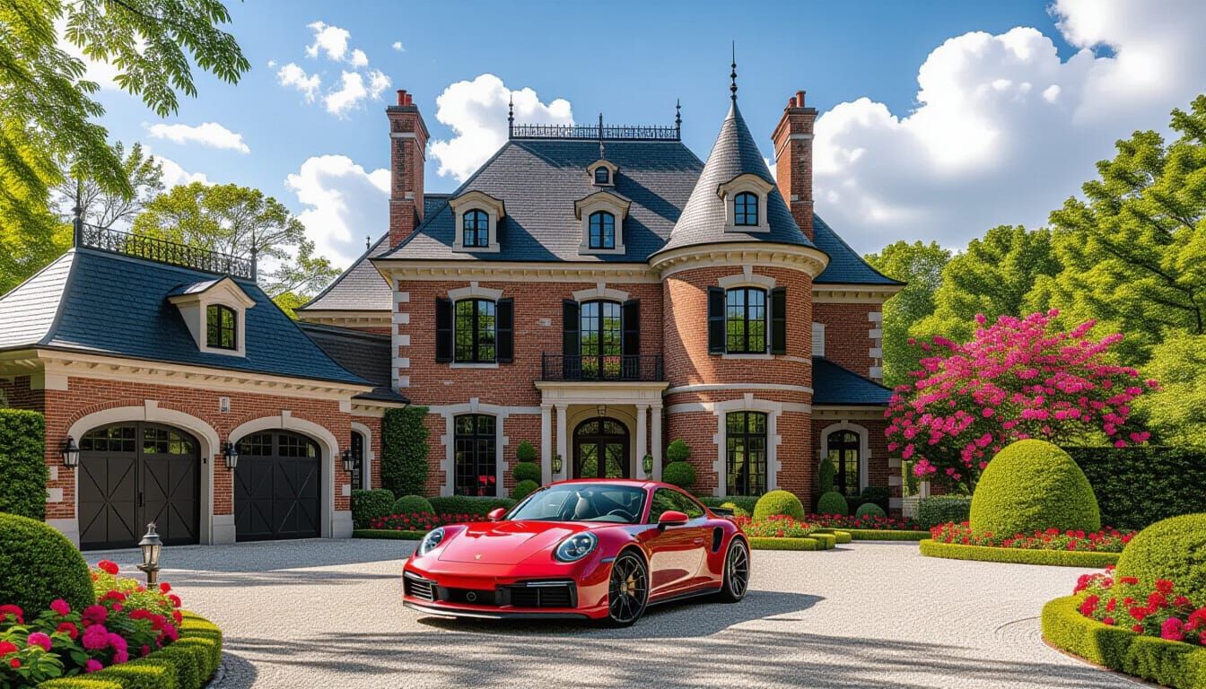 Victorian Chateau with Red Porsche 911