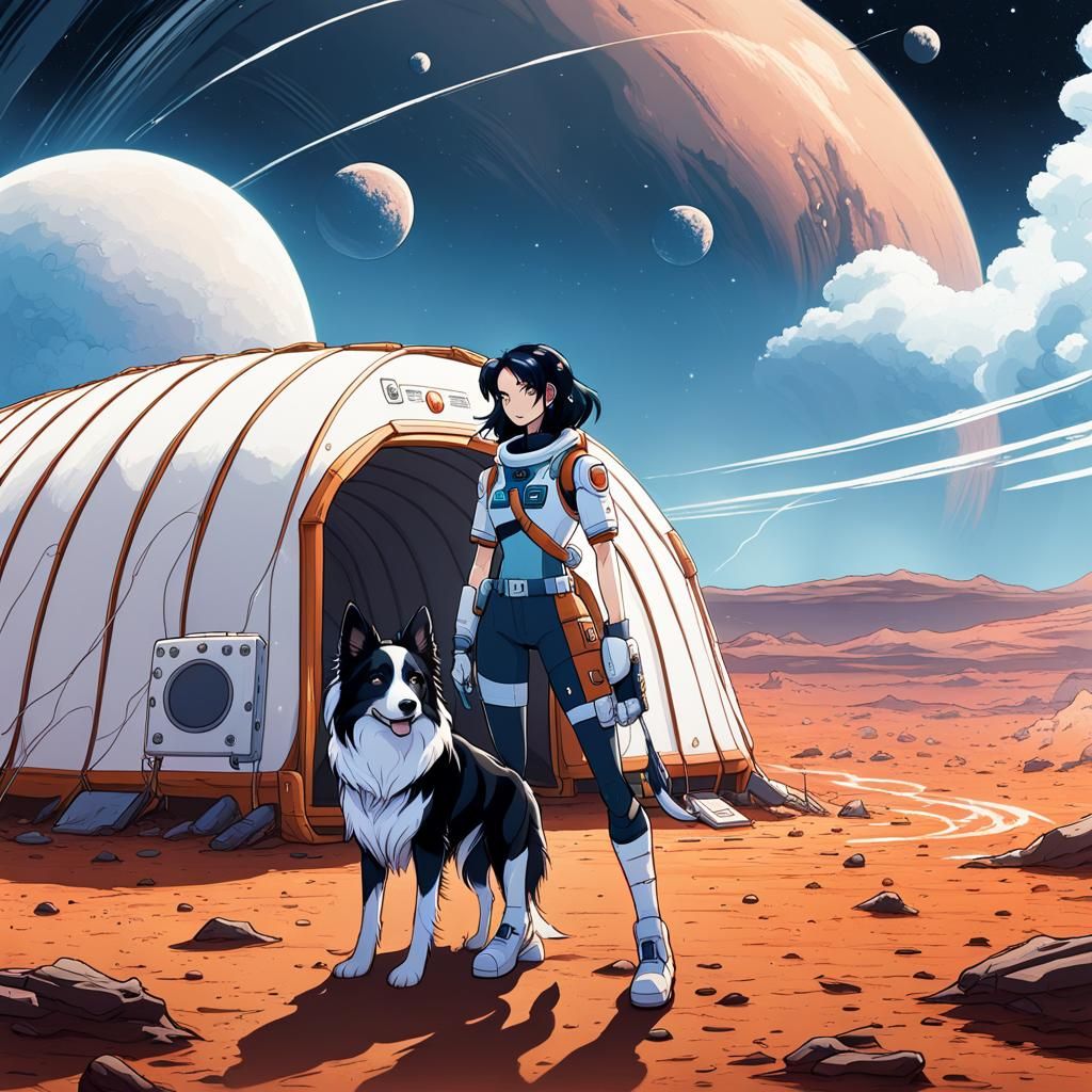 Martian Greenhouse with Space Travelers in Anime Style