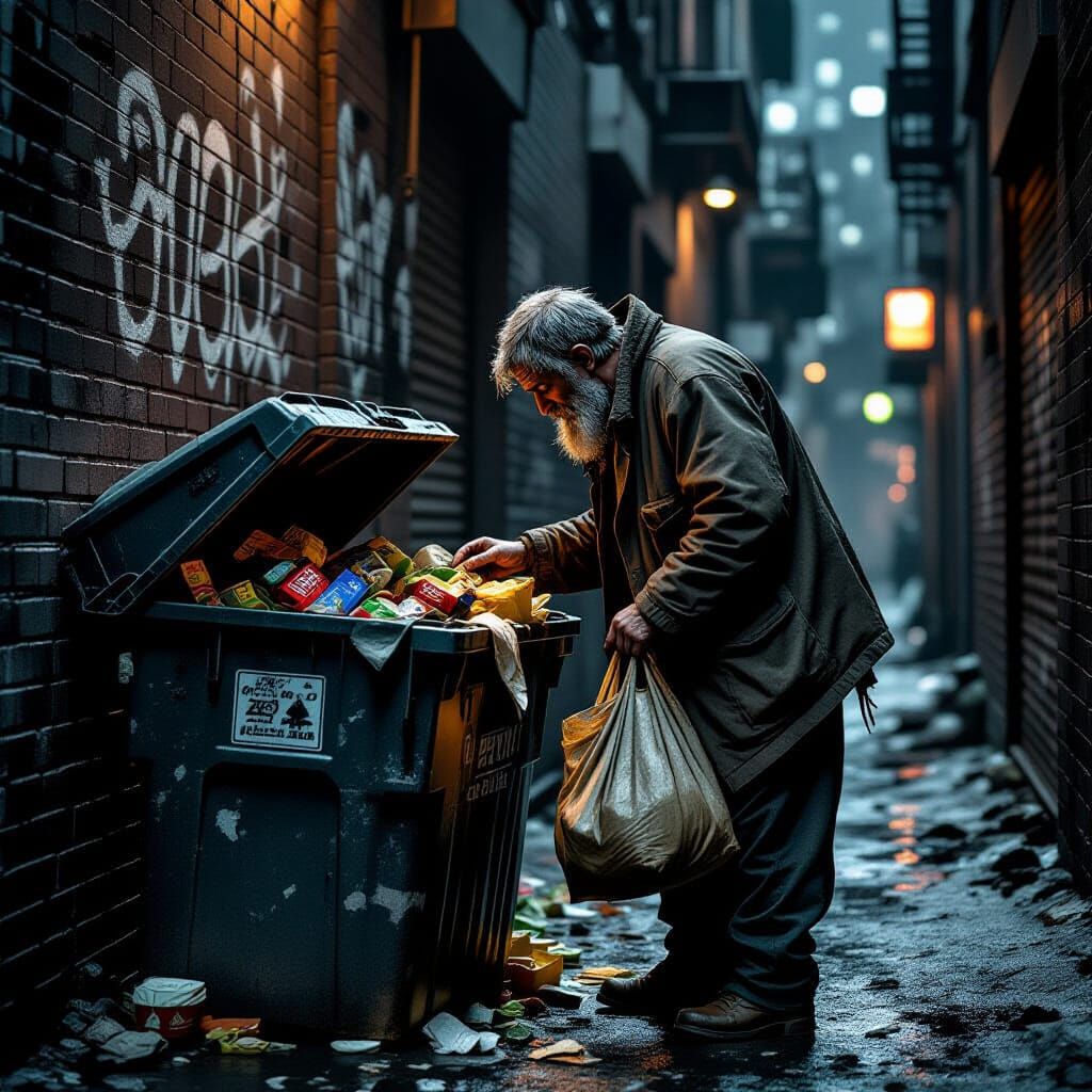 Homeless Man Scavenges Alley Dumpster In Stark Comic Style