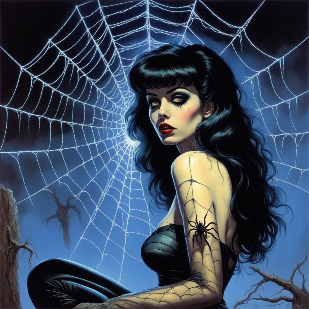 Vintage Deathrock Girl with Spiderweb in 80s Style