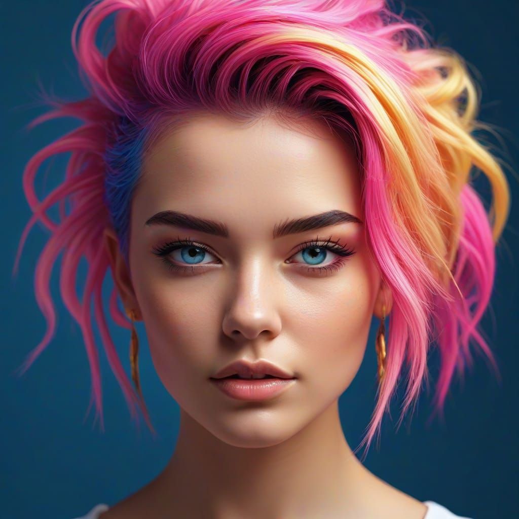 Woman with Colorful Hairstyle in Digital Portrait