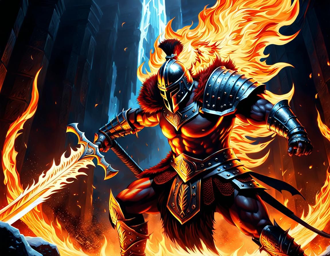 Fiery Gladiator Battles Monster in Inferno