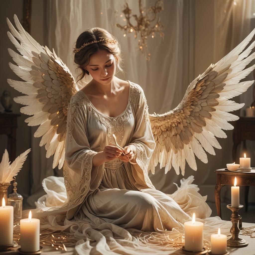 Angel Seamstress Crafting Wings in Candlelight