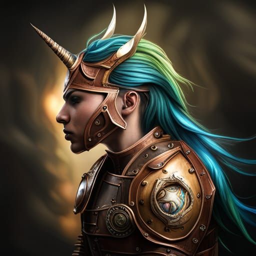 Rainbow Unicorn in Steampunk Copper Armor
