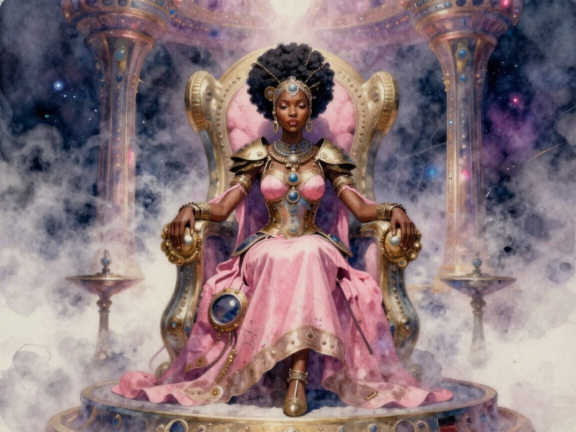 East African Queen in Afrofuturistic Steampunk Attire on Thr...
