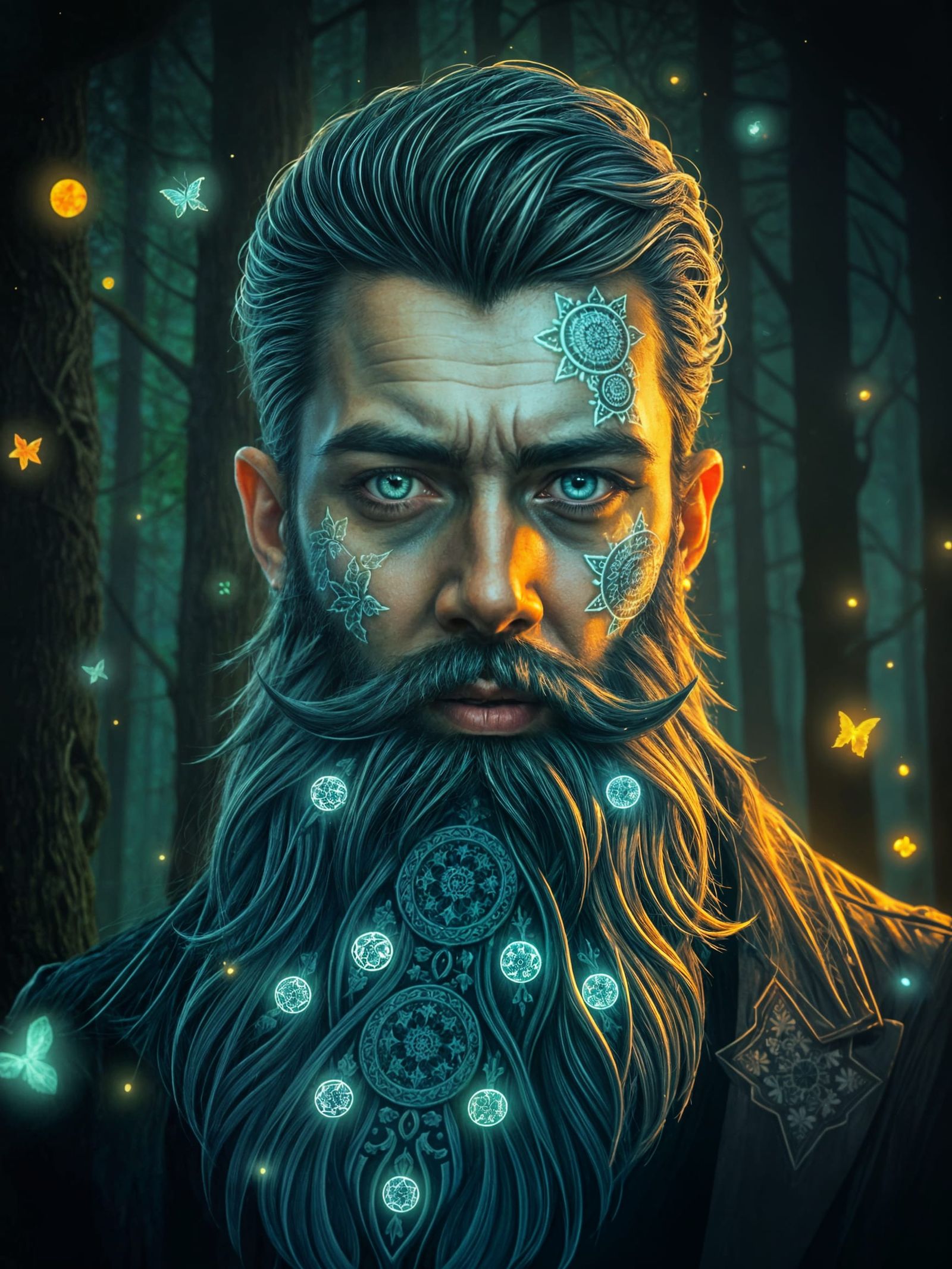 Man with Bioluminescent Beard in Forest Oil Painting