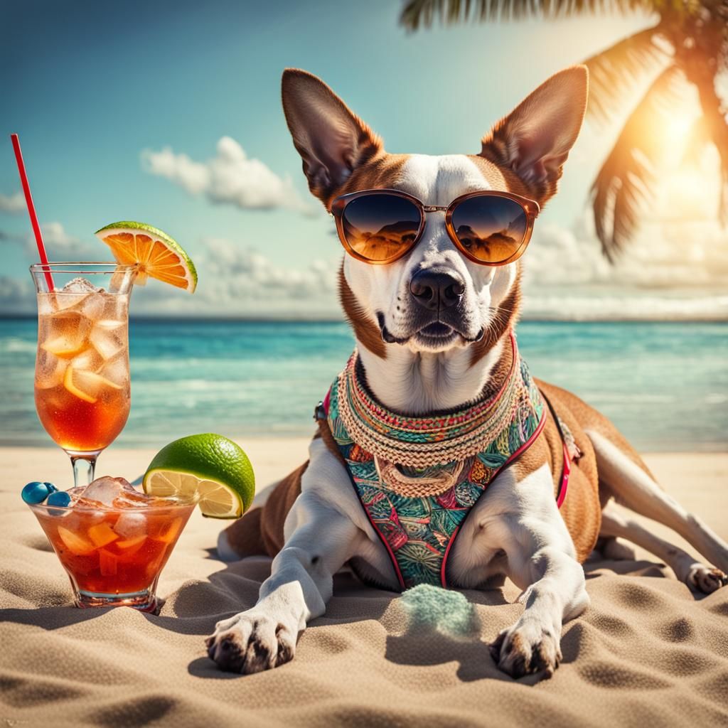 Dog in Bikini Sunbathing on Beach, Hyperrealistic