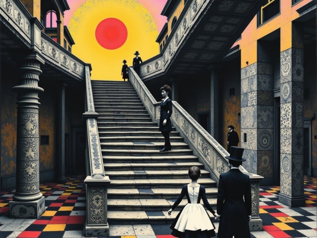 Queen of Hearts Descent: Escher and Klimt-Inspired Staircase