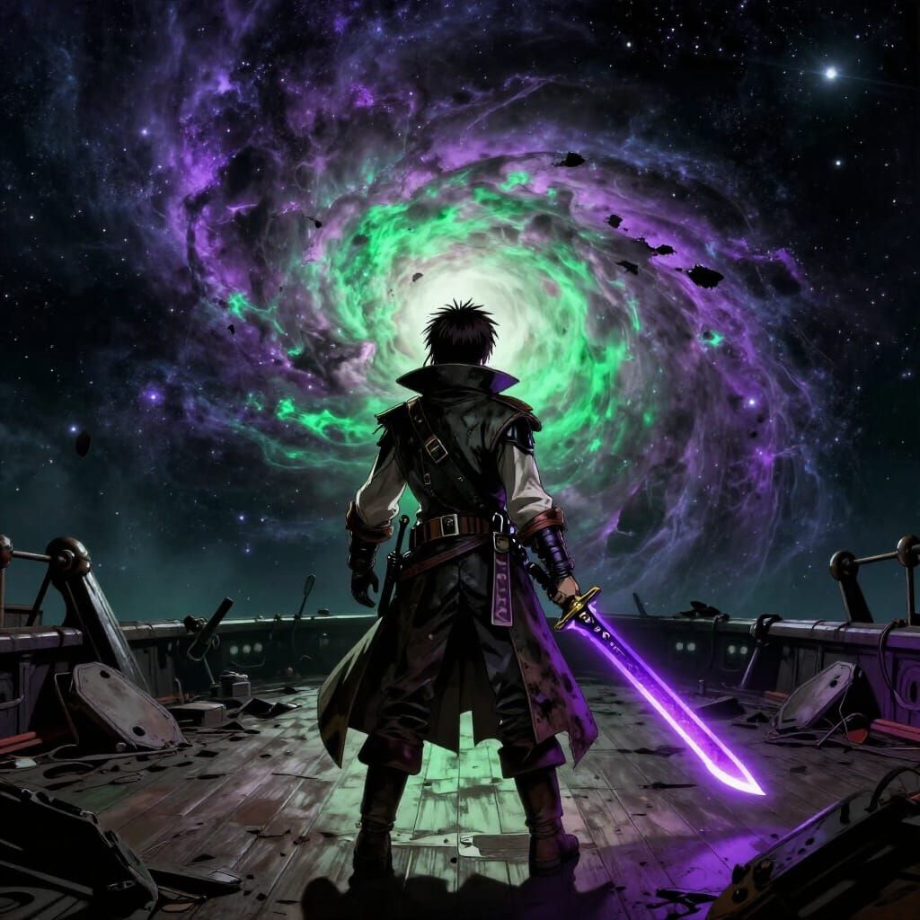 Space Pirate Captain with Glowing Cutlass Overlooking Nebula