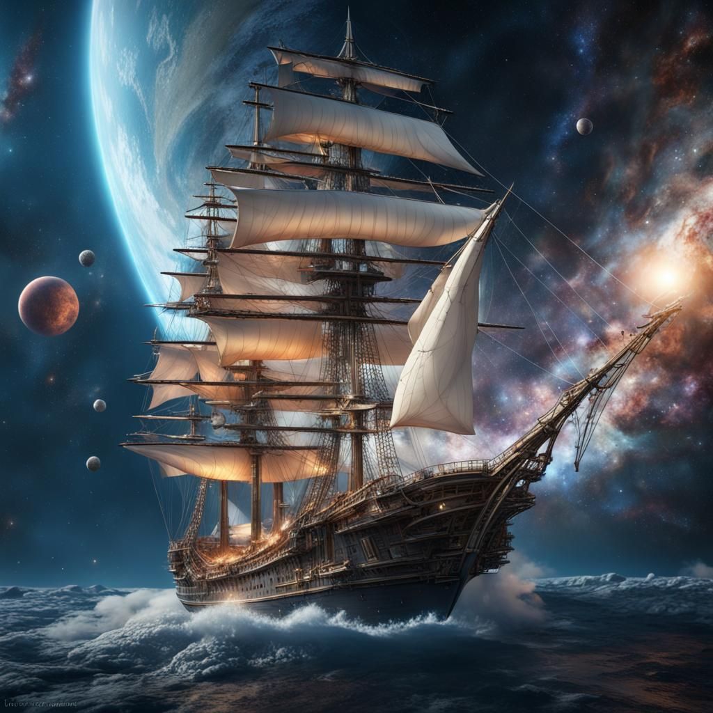 Sailing Ship Soaring Through Outer Space