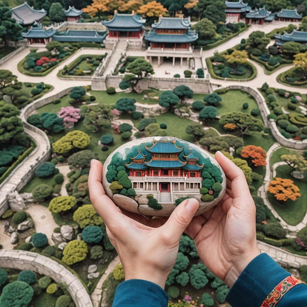 Hands Holding Stone with Chinese Palace Miniature